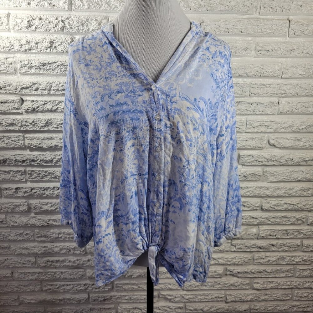 Spense Women's 1X Plus Top Blouse Blue Geometric V-Neck 3/4 Sleeve GEO114XE